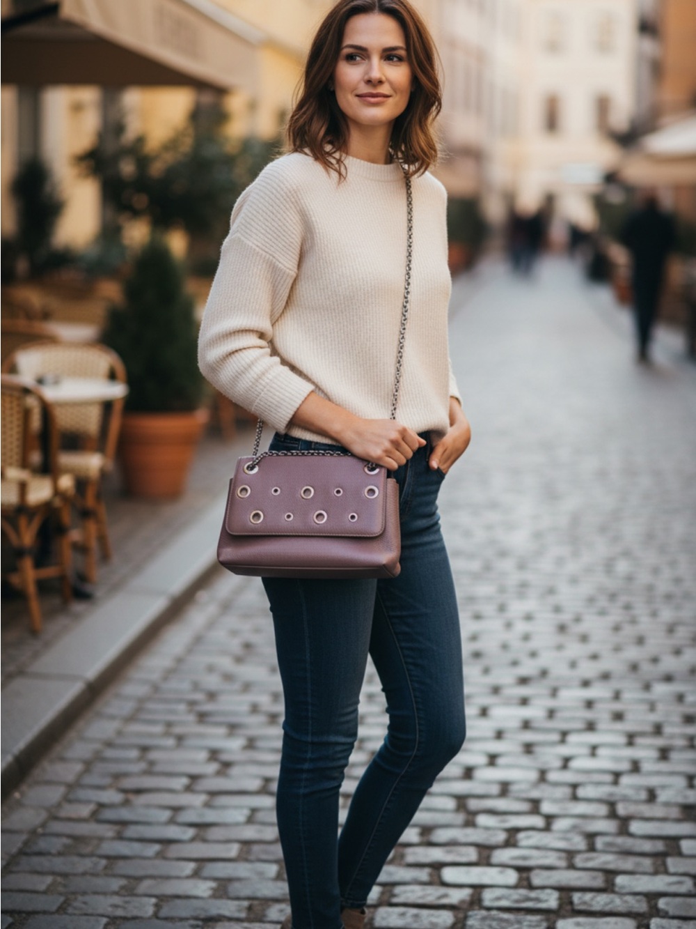 Celine Dion Falsetto Mauve Eyelet-Detail Crossbody Leather Bag with Chain Strap